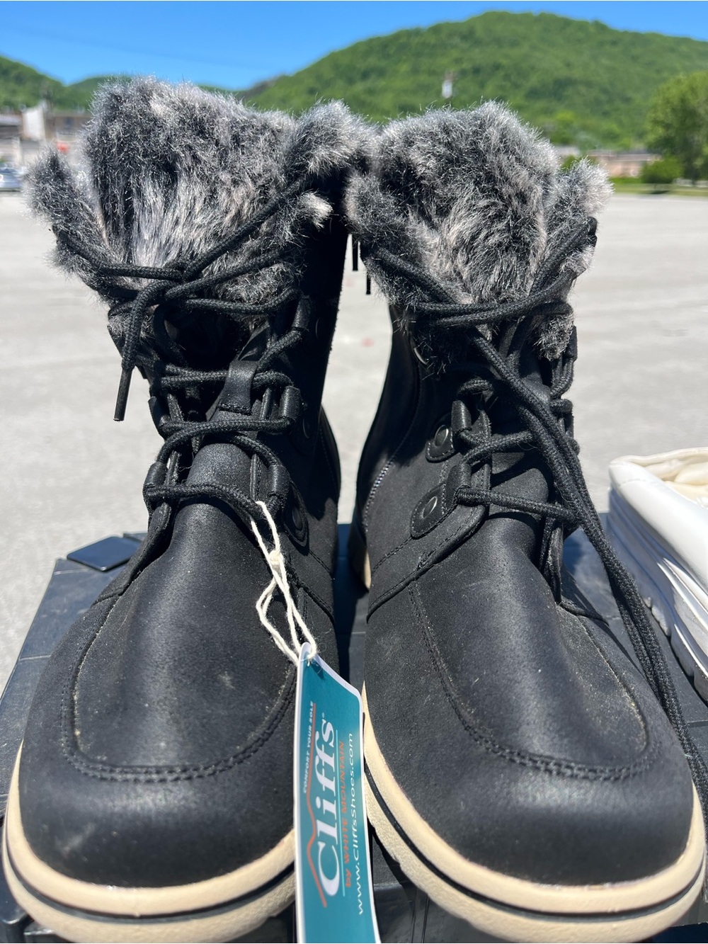 Cliffs by WHITE MOUNTAIN Black Faux Fur Trim Ankle Boots